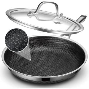 imageFrying Pan with Lid 10 Inch Hybrid Non Stick Stainless Steel Skillets Dishwasher Induction Oven Broiler Safe Non Toxic Chefs Pan PFOA Free Cookware