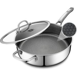 imageFrying Pans Nonstick with LidHybrid Non Stick 5 Quart Saute panPFOA Free CookwareStainless Steel skillet12 inch Deep Saute PanDishwasherampampOven SafeWorks on All CooktopsSingle Helper Handle