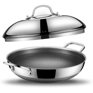 imageWok 13 Inch Hybrid Woks ampamp Stirfry Pans Nonstick Non Toxic Stainless Steel Wok Pan with Lid Dishwasher Induction Oven Broiler Safe PFOA Free Cookware Non StickDouble Handles
